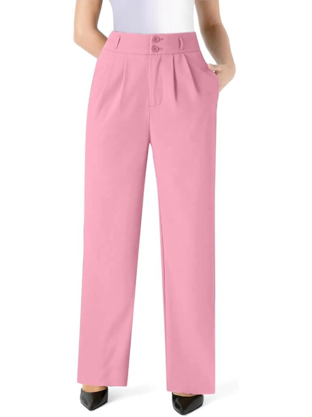Women's Hot Pink Wide Straight Leg Casual Slacks Business Button Dress Pants
